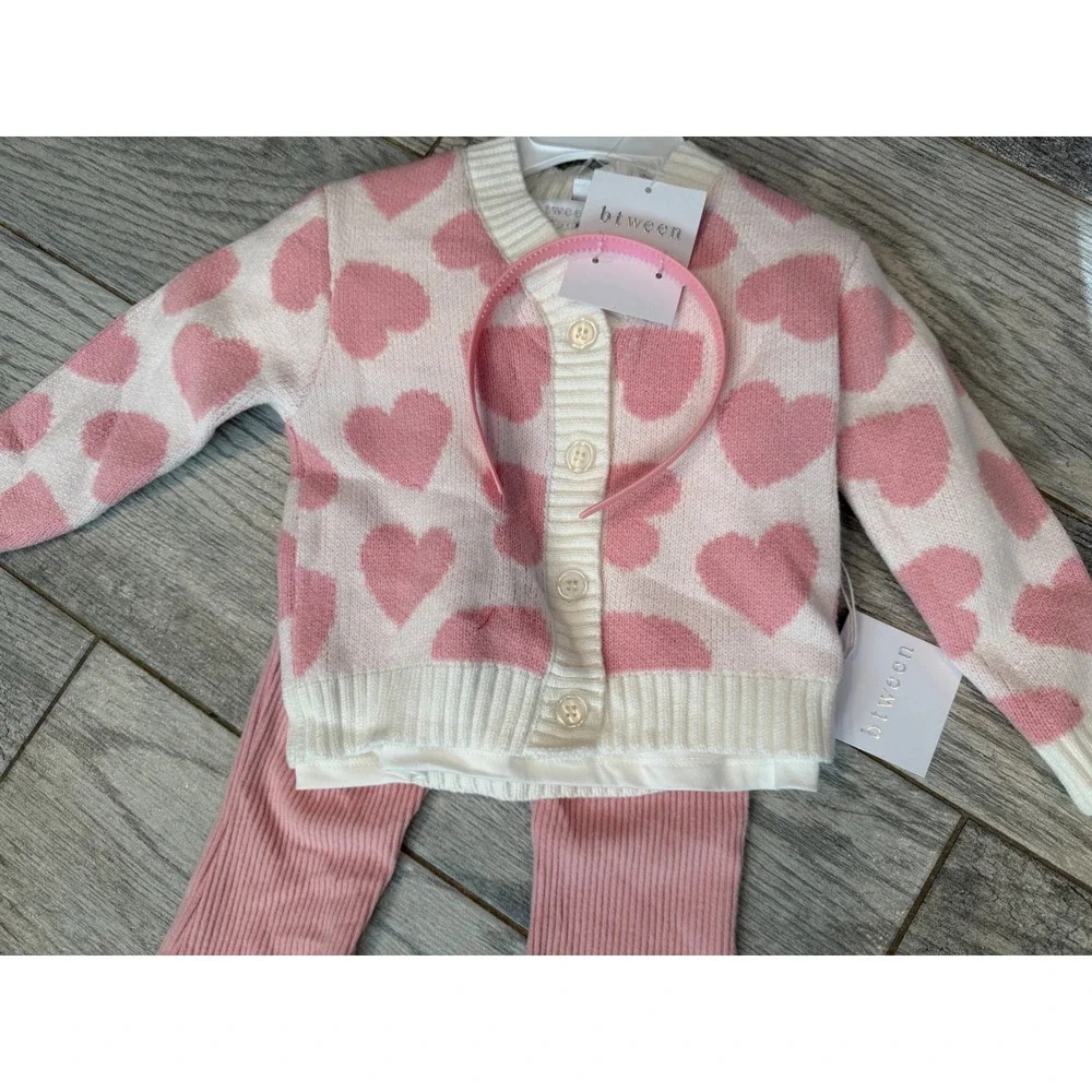 Btween Cardigan Flare Pants Headband Set 2T Girls Heart 3 pc NWT Outfit Toddler - Picture 5 of 13